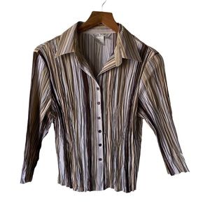 Vintage 80s Striped Crinkle Fabric Button Up Top